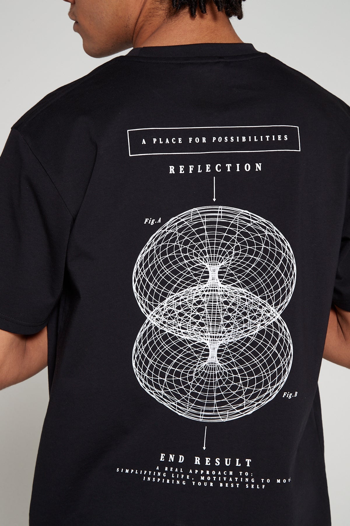 Model showing behind view wearing Original Creator Reflection T-Shirt in black color with graphics at the back and features water repellent technology