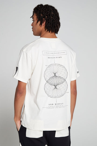 Model showing behind view wearing Original Creator Reflection T-Shirt in Off White color with reflection graphics at the back and features water repellent technology
