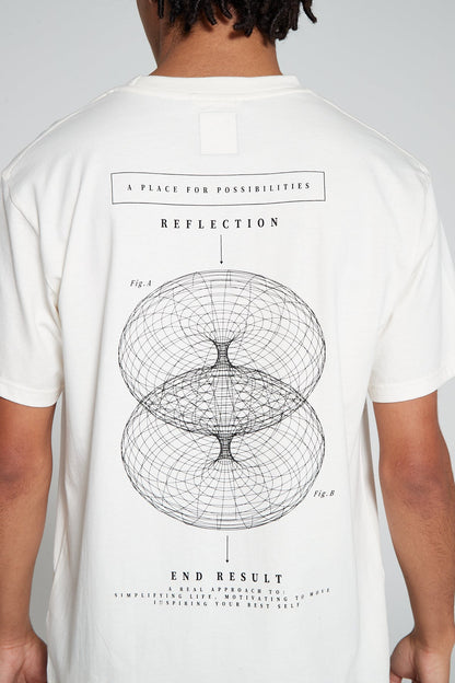 Model showing behind view wearing Original Creator Reflection T-Shirt in Off White color with reflection and end result graphics at the back and features water repellent technology